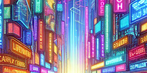 A vibrant futuristic cityscape with diverse content creators optimizing adult content amidst neon lights and digital billboards.