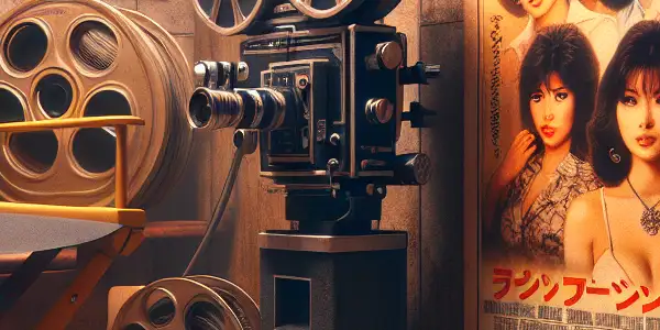 A nostalgic vintage film studio featuring classic Japanese film posters and retro filmmaking equipment from the 1980s and 1990s.