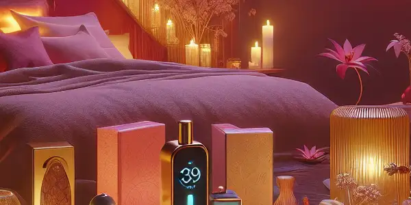 An intimate bedroom scene featuring eco-friendly adult toys and a large screen displaying a romantic adult film.