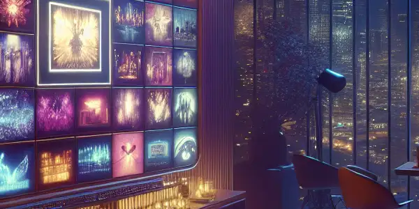 A dimly lit room featuring a glowing computer screen with colorful adult film thumbnails and modern, intimate furnishings.