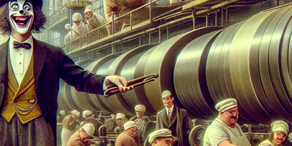 A whimsical factory scene with a clownish character juggling oversized tools amidst comedic chaos and playful interactions.