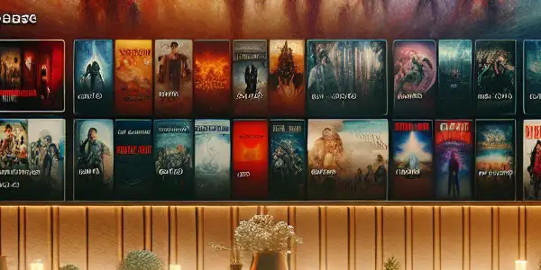 A modern interface displaying vibrant thumbnails of Japanese adult films in a cozy home setting.