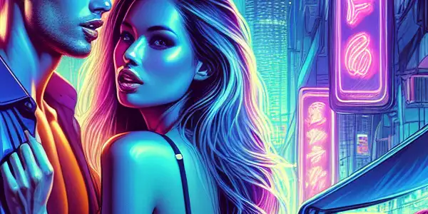 A vibrant Hong Kong night scene featuring a young couple exploring the city, infused with romance and adventure.