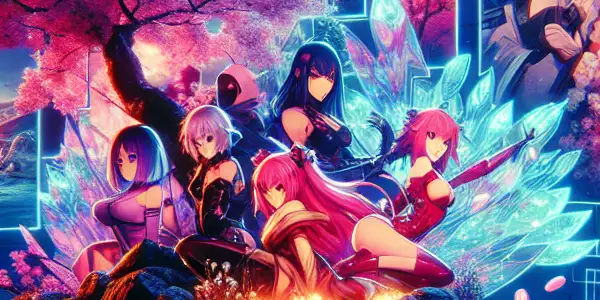 A vibrant digital interface for an adult anime streaming platform featuring suggestive character thumbnails and cinematic elements.