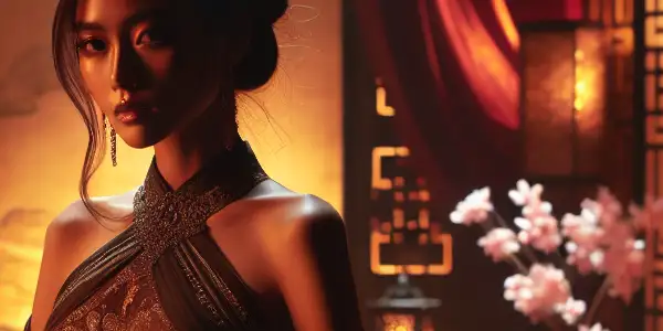 A charismatic woman in an opulent, dimly lit room, embodying sensual tension and allure.