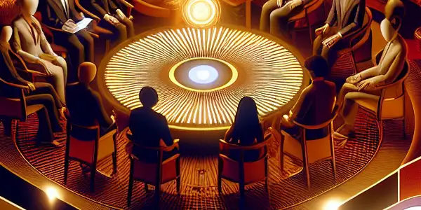 A vibrant digital lounge filled with diverse avatars discussing adult entertainment in a cozy, inviting atmosphere.