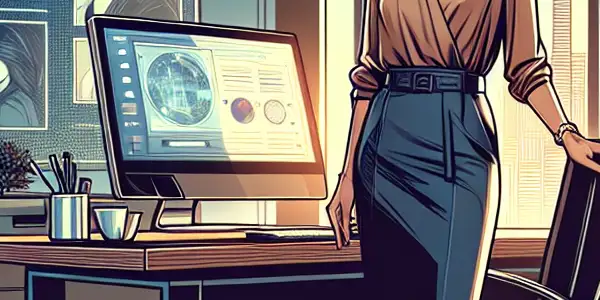 A confident female secretary in a modern office with city views, exuding charm and professionalism.