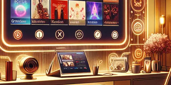 A cozy home office with a modern computer displaying a sleek adult entertainment assistant interface and inviting decor.