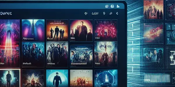 A modern computer interface displaying vibrant thumbnails of adult films in a cozy, dimly lit environment.