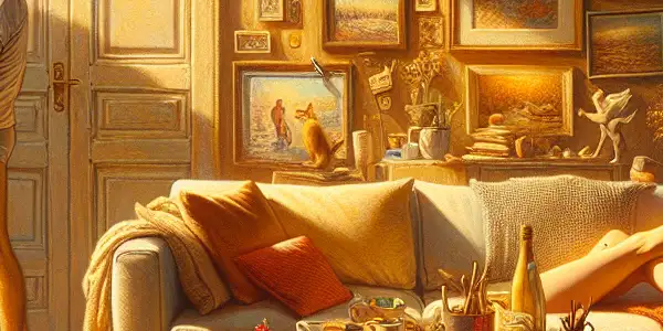 A cozy living room scene depicting a couple sharing a spontaneous, intimate moment in a warm atmosphere.