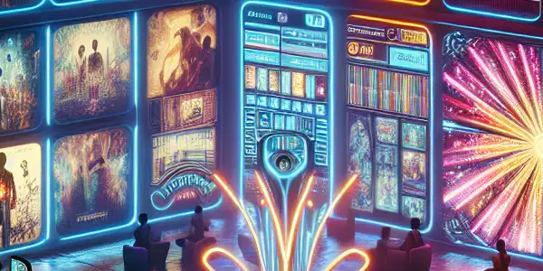 A modern digital platform showcasing diverse adult film covers in a vibrant, high-tech browsing environment.