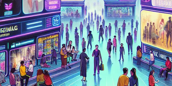 A vibrant, futuristic digital marketplace for adult entertainment featuring diverse shoppers and interactive holographic displays.