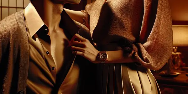 A young man and an elegant woman share a suggestive, intimate moment in a stylish living room.