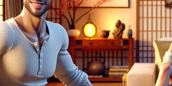 A charming young man interacts playfully with a female character in a cozy, warmly lit living room.