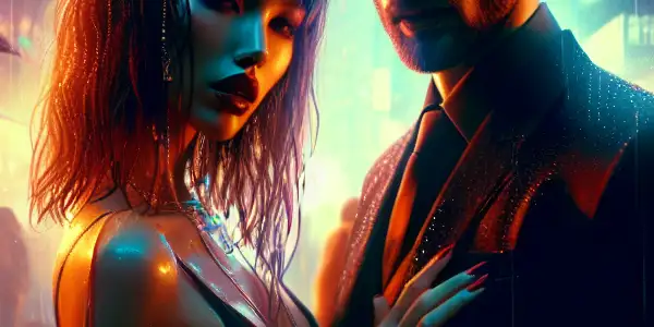 A passionate young couple in a vibrant city at dusk, surrounded by neon lights and an intimate atmosphere.