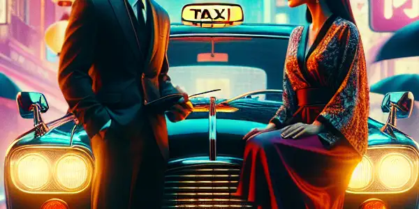 A charismatic taxi driver converses with a stylish female passenger on a neon-lit urban street at night.
