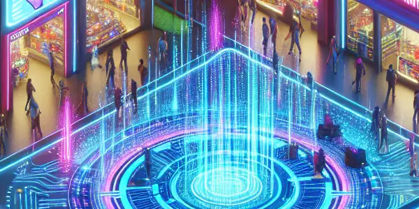 A vibrant, futuristic marketplace for safe adult entertainment, bustling with diverse characters and neon-lit technology.