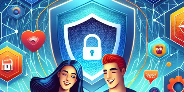 A digital landscape depicting safe browsing of adult content with security symbols and vibrant movie icons.