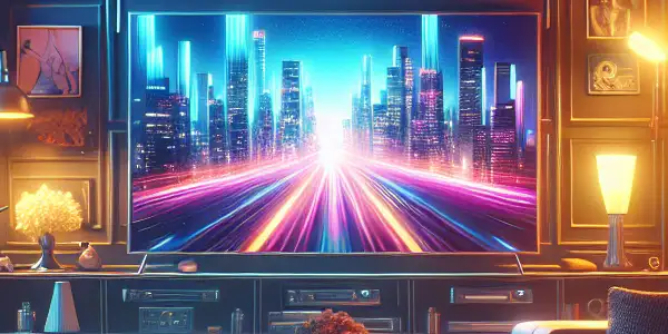 A cozy, high-tech living room featuring a large TV displaying a fictional adult film, emphasizing safety and comfort.