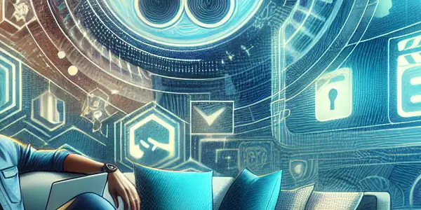 A cozy home setting with a person enjoying digital Japanese adult films, emphasizing safety and hygiene.