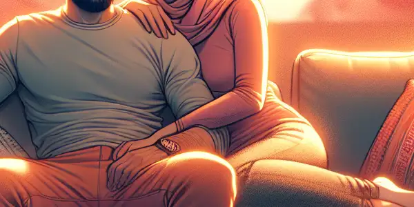 A cozy living room scene featuring a couple enjoying a movie night with safety elements like condoms and popcorn.