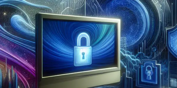 A sleek computer setup in a vibrant digital landscape symbolizes safe access to adult entertainment, featuring cybersecurity elements.