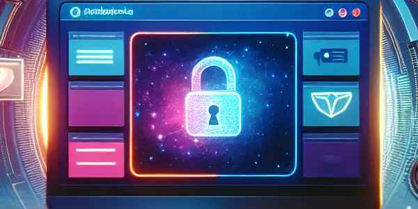 A futuristic online adult entertainment marketplace displayed on a high-tech computer screen, emphasizing security and quality content.