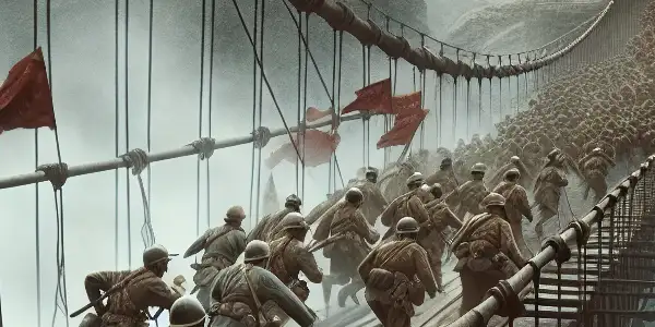 Red Army soldiers charging across a rickety suspension bridge in a tense historical battle scene amidst rugged mountains.