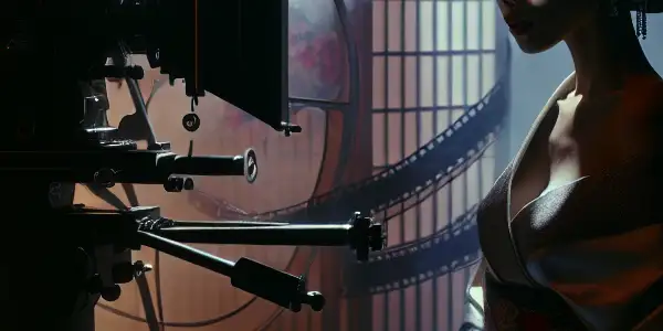 A somber scene depicting a conflicted woman in provocative attire, symbolizing the duality of empowerment and victimhood in adult films.