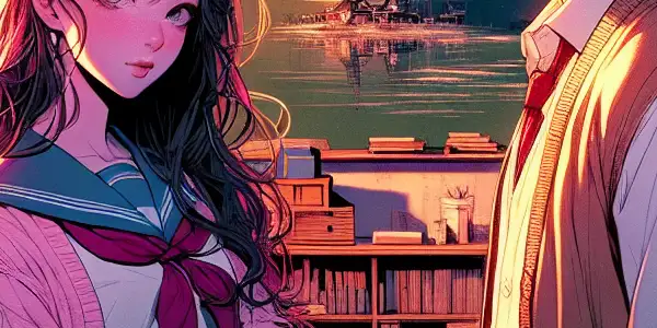 A romantic moment between two young adults in a warm, vibrant Japanese classroom, filled with unspoken desires.