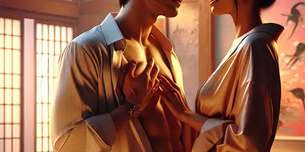 A couple shares a tender moment in a stylish, intimate Japanese apartment, embodying romance and emotional connection.