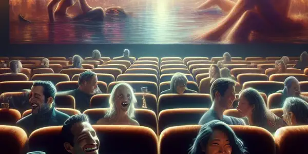 A cozy cinema hosting a lively discussion among diverse couples watching a Japanese adult film screening.