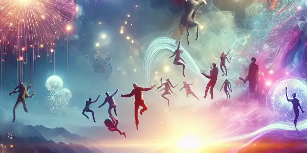 A vibrant fantasy landscape showcasing dynamic light effects and virtual characters in a playful interaction, symbolizing film special effects.