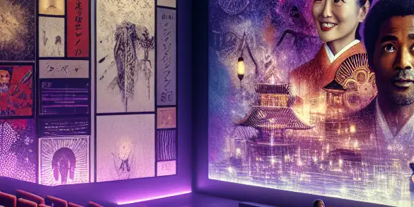 A modern cinema scene with diverse people discussing Japanese AV films, featuring plush seating and abstract visuals.