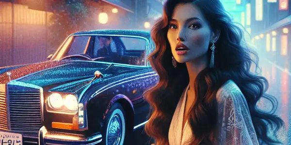 A young woman in a Japanese urban setting encounters a luxurious car at dusk, evoking romance and intrigue.