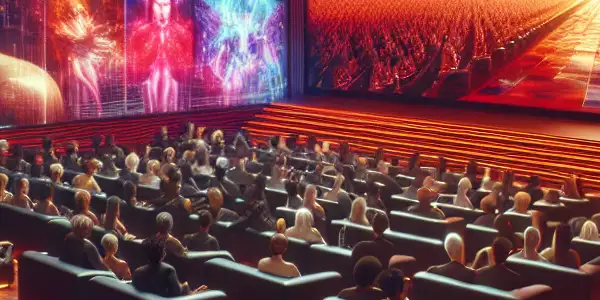 A futuristic cinema scene with diverse viewers engaged in an emotional adult film on a large screen.