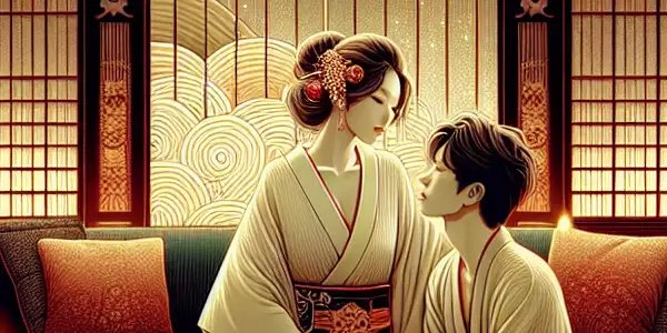 A romantic couple in a dimly lit room, surrounded by elegant decor, conveying intimacy and desire.